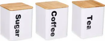 Set kavanozash Kinvara, 3 copë, metalikë, të bardhë me kapak bambuje