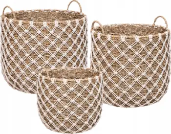 Set shporta dekorative Atmosphera Macramé Palm Round Natural X3, kallam me strukturë hekuri, ngjyrë bezhë
