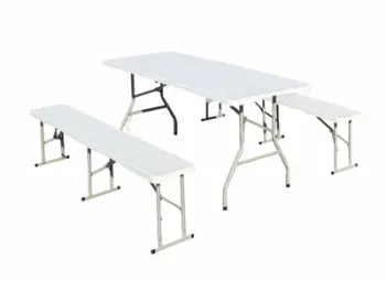 Set kampingu Heinner, tavolinë dhe 2 stola të palosshëm, 180x70 cm, çelik dhe plastikë HDPE, i bardhë