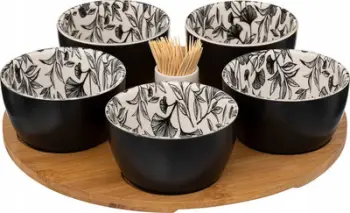 Set tasa servirjeje Secret de Gourmet Snack Bowls On Tray, 5 tasa qeramike, tabaka bambuje, i zi