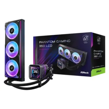 Ftohës uji CPU ASRock Phantom Gaming 360 LCD, radiator 360 mm, ARGB, i zi