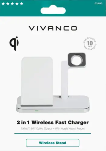 Karikues wireless Vivanco 2 in 1, 10W, me mbajtëse Apple Watch, i bardhë