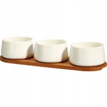 Set pjatash porcelani Excellent Houseware, 3x200ml, tabaka bambuje, i bardhë