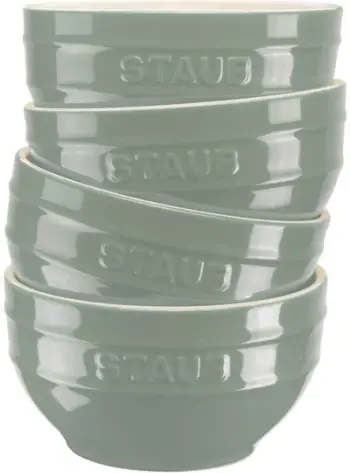 Set enësh servirëse Staub Serving, 4 tasa qeramike 14 cm, tigan dhe tenxhere, jeshile Eucalyptus