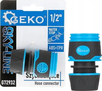 Lidhës zorre kopshti GEKO G72932, 1/2", water stop, plastik gri e kaltër