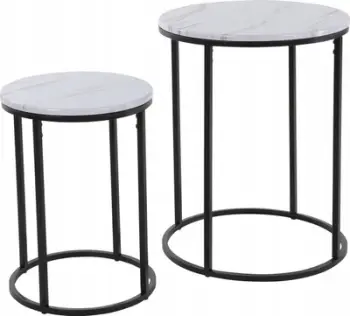 Set tavolinash anësore ML-Design, set 2 copë, metal dhe dru, pamje mermeri, zi bardhë