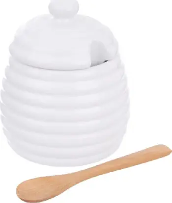 Enë porcelani për mjaltë me kapak dhe lugë, e bardhë