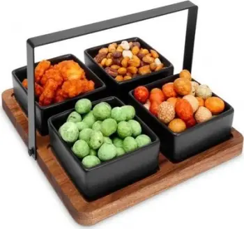 Set servirje meze 5 pjesë, tabaka druri 20 x 20 cm, pjatanca qeramike, i zi