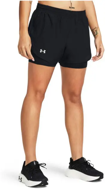 Pantallona të shkurtra sportive Under Armour Fly By 2in1 W, me shorc të brendshëm, me xhep me zinxhir, të zeza