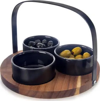 Set servirjeje ORION Serving Set BLACK, 3 tasa qeramike, tabaka druri acacia, i zi