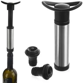 Pompe vakumi për verë pa markë, me 2 tapa shishe, inox e zezë