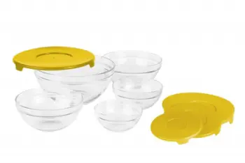Set kaserolash rrethore Vanora, 5 copë, qelq me kapak plastik, kapakë të verdhë