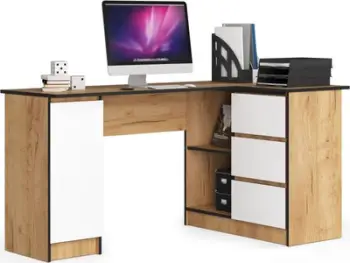 Tavolinë gaming këndore CLP Craft Oak, 155cm, 3 sirtarë, dru dhe e bardhë