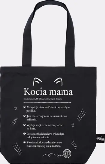 Çantë tote Black Cotton Bag Cat Mom, pambuk, e zezë