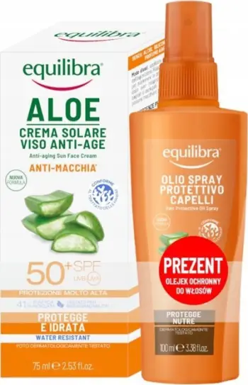 Set për diell Equilibra Aloe, krem fytyre SPF 50+, vaj flokësh sprej