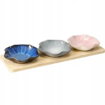 Set servirjeje bambu me 3 tasa porcelani, 32.5 x 10 cm, shumëngjyrësh