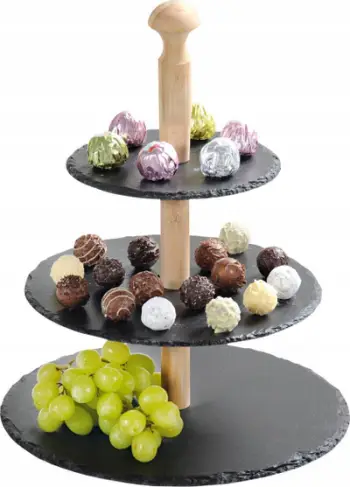 Stand servirës Kesper Three-tier Etagere, 3 nivele, bambu dhe gur slate, gri e errët