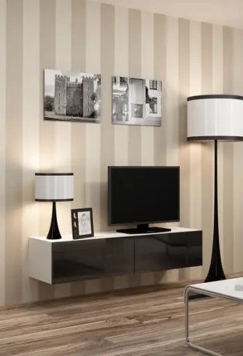 Komodë TV Cama Meble Vigo 140, 140 cm, me dyer, e bardhë e zezë me shkëlqim