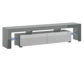 Komodë TV Bed Meble Toro 200, me rafte xhami, gri e bardhë shkëlqyese