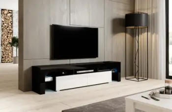 Komodë TV MebleToro TORO 200, me rafte, e zezë e bardhë me shkëlqim