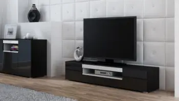 Kredencë TV Cama Meble Viva 180, MDF me shkëlqim, PUSH CLICK, e zezë e bardhë