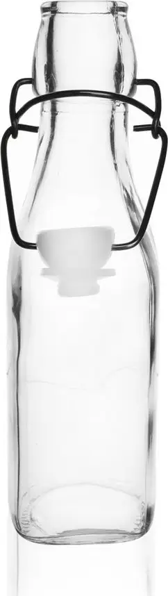 Shishe qelqi për vaj dhe verë, me tapë druri, me kapëse metalike, transparente