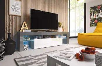 Komodë TV Cama Meble Toro 158, trup gri, fronte të bardha me shkëlqim