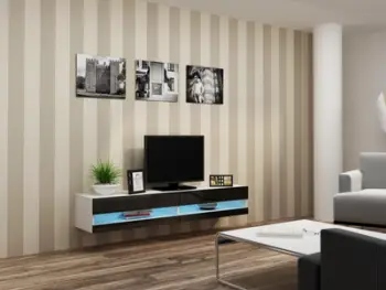 Komodë TV Merble Vigo 30-180-40, panel i laminuar, MDF, e bardhë e zezë me shkëlqim