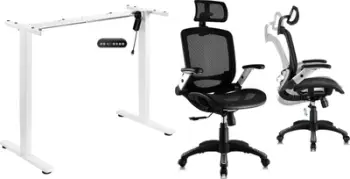 Set tavoline dhe karrige zyre Mozos Ergo C, kornizë tavoline me rregullim elektrik lartësie, karrige ergonomike, e bardhë dhe e zezë