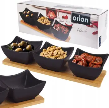 Set tasash për meze Orion, 3 pjesë porcelan, tabaka bambuje, të zinj