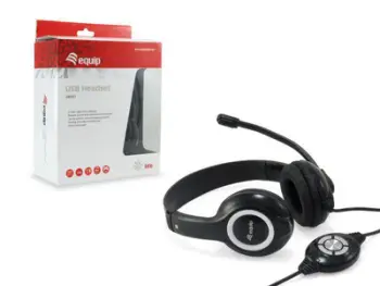 Kufje USB me mikrofon E-Quip 245301, stereo, kabllo 2m, të zeza