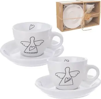 Set filxhanësh espresso Angel Motif, 2 filxhanë me pjatica, qeramikë e bardhë