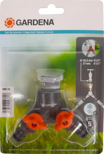 Lidhës dyfishtë rubineti Gardena 0936-20, hyrje 26.5mm G 3/4", dalje 21mm G 1/2", gri