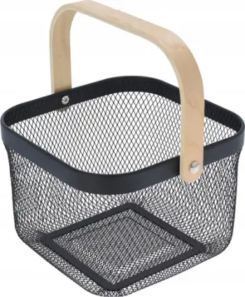 Shportë organizuese metalike pa markë, dorezë druri, 25 x 24.5 x 18 cm, e zezë