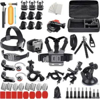 Set aksesorësh universal për kamera sportive 67 në 1, me kuti transporti, i zi