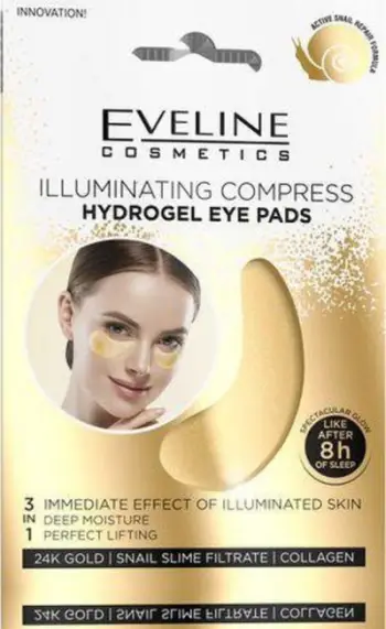 Maskë sysh Eveline Cosmetics Illuminating Compress, hidrogel, me mukus kërmilli, 2 copë