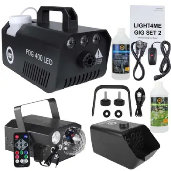 Set efektesh skenike Light4Me Gig Set 2, makinë tymi LED 400W, makinë flluskash me lëngje 1L, i zi