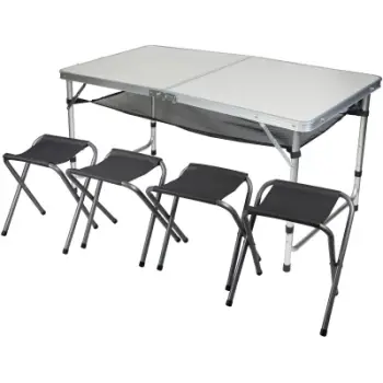 Set kampingu Energy Camp, tavolinë palosëse 120x60x70cm, 4 karrige, e bardhë