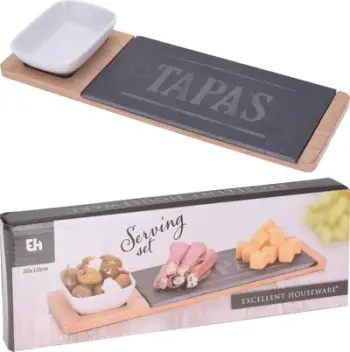 Set servirjeje pjatë dhe tas, porcelan, dërrasë slate dhe bambu, i bardhë