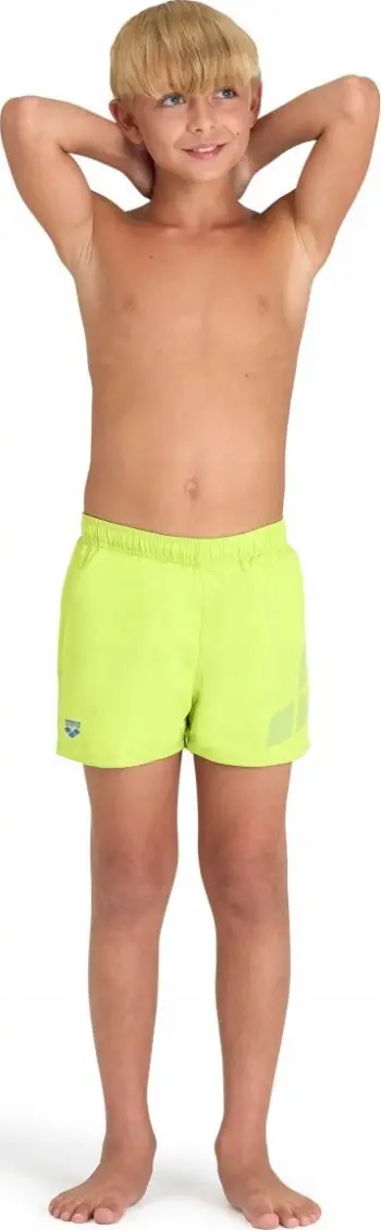 Shorce plazhi për djem Arena Beach Short Logo R, poliester i ricikluar, tharje e shpejtë, jeshile neon