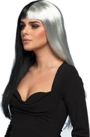 Parukë Halloween Evil Temptress, e gjatë, dyngjyrëshe, e zezë dhe e bardhë