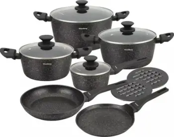 Set tenxheresh dhe tiganësh Granite Pot, 12 pjesë, veshje mermeri jo ngjitëse, ngjyrë gri
