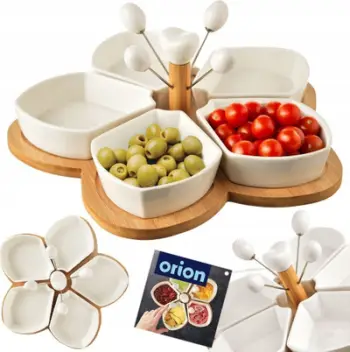 Set tasash porcelani me tabaka bambuje, 5 tasa, 4 shkopinj, e bardhë