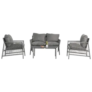 Set dhomë ndenjjeje outdoor Deandra HM6507.01, 4 ulëse, metal me jastëkë, gri