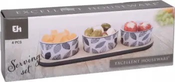 Set servirjeje appetizer Excellent Houseware, 3 tasa porcelani, dërrasë bambuje, kafe e zezë