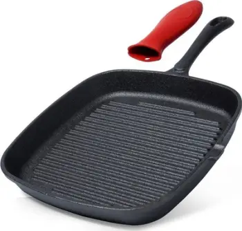 Tigan grill katror prej gize, me bazë grili, i përshtatshëm për induksion, me dorezë silikoni, i zi