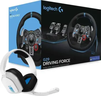 Paketë lojërash Logitech G29 Driving Force dhe Astro A10, për PS4, timon me pedale, kufje të bardha