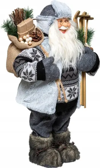 Figurë dekorative Santa Claus Traditional, 46cm, me ski, gri