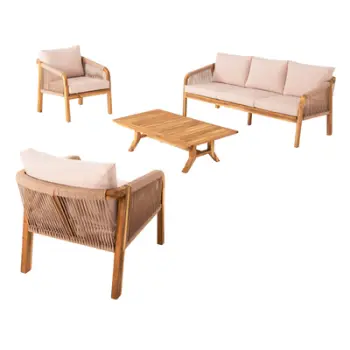 Set mobilje kopshti Rosswell HM6084.02, 4 pjesë, dru akacie me litar, jastëkë bezhë