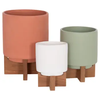 Set vazo dekorative TANTI HM4685, 3 copë, fiber cement, me bazë druri tik, shumëngjyrëshe